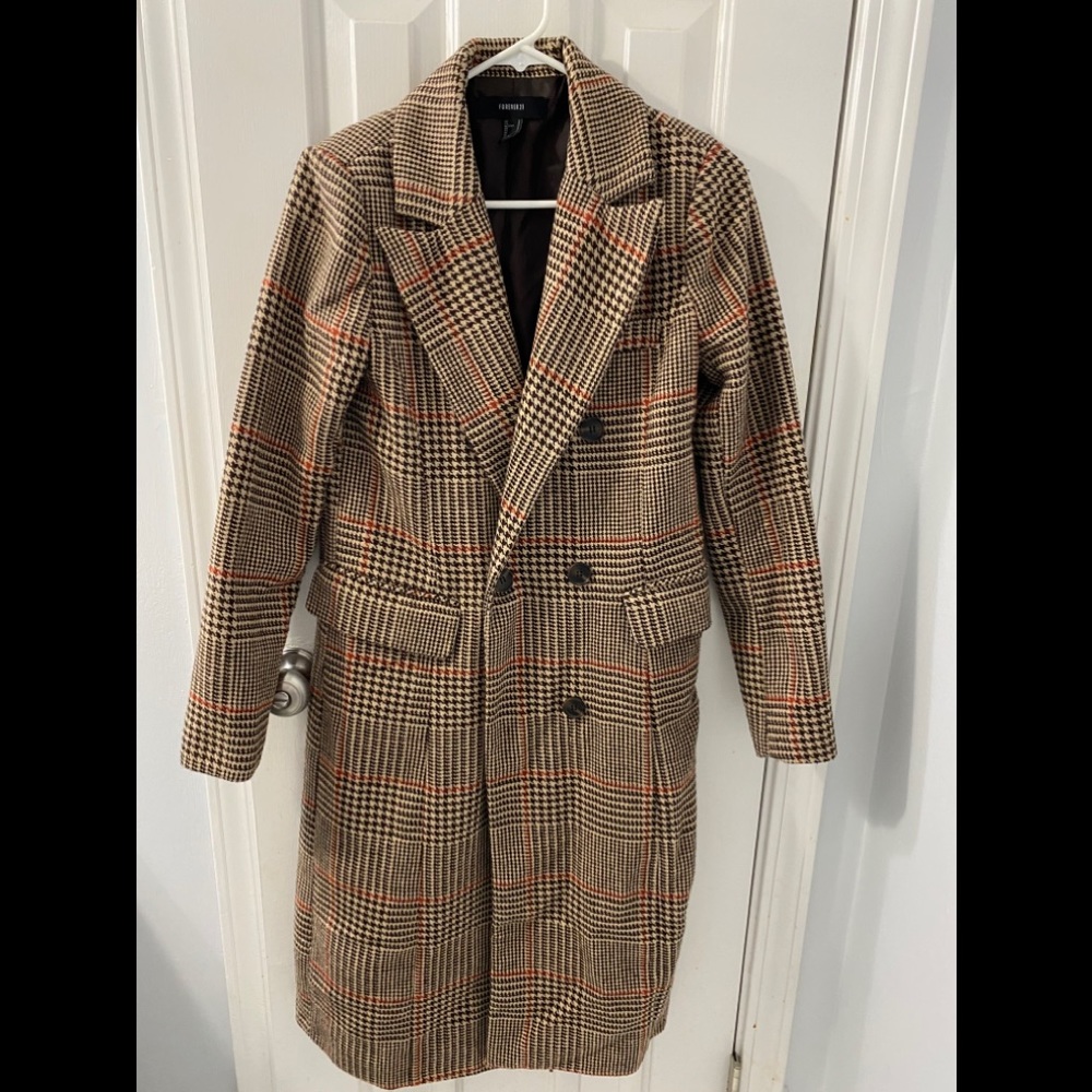 Forever 21 Plaid Double-Breasted Trench Coat in Beige and Brown